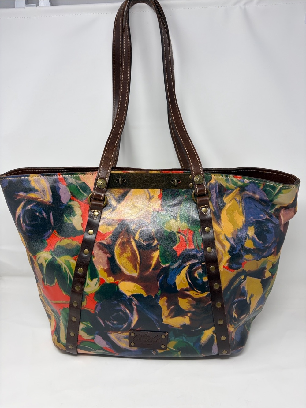 Patricia Nash Large Turnlock Floral Multicolor Leather Tote Bag W/Brown Straps